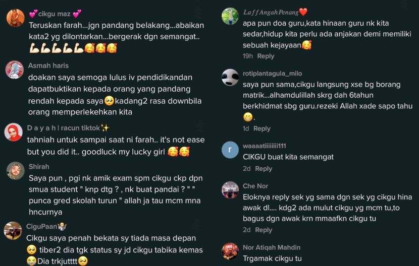 Netizen turut memberi kata-kata semangat kepada Farah dan ada yang turut berkongsi pengalaman sama.